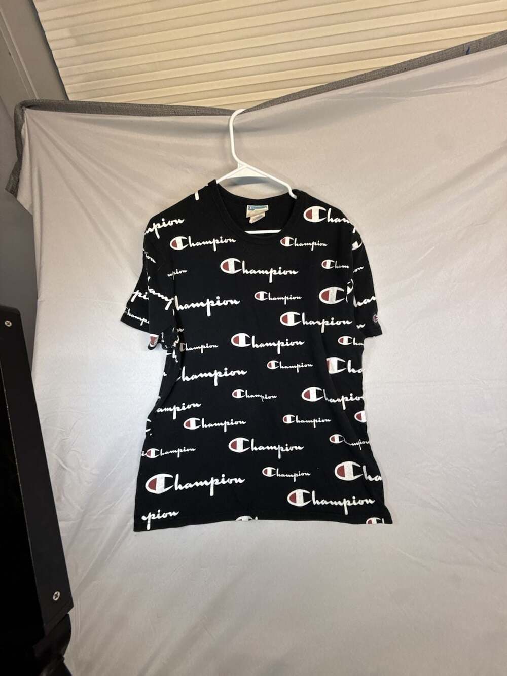 Y2K Champion All Over Print Script Logo T-Shirt Size L Black Cotton